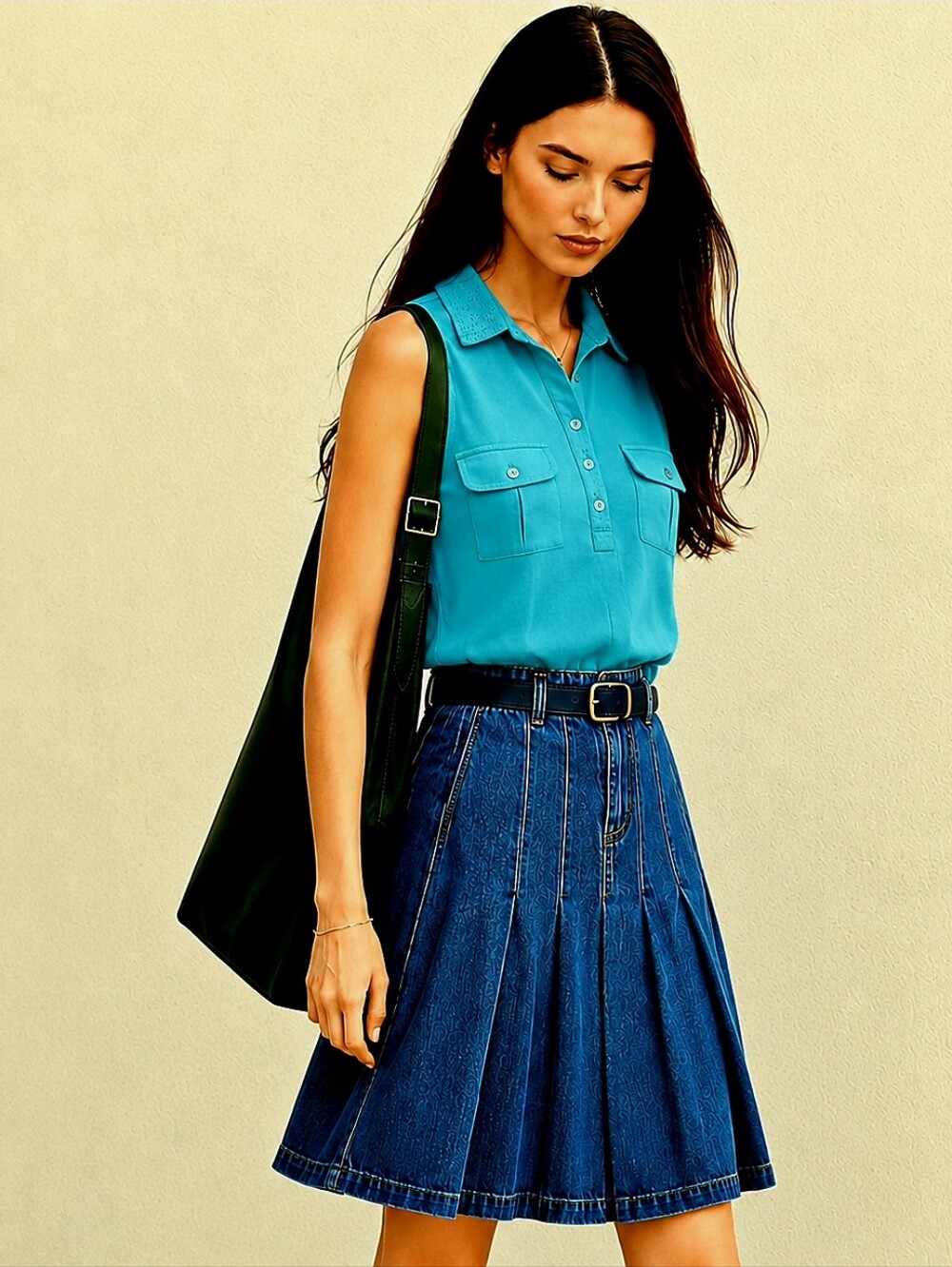 TOMMY HILFIGER🦋Blue Eyelet Sleeveless Cotton Polo T-Shirt with 2 Pockets